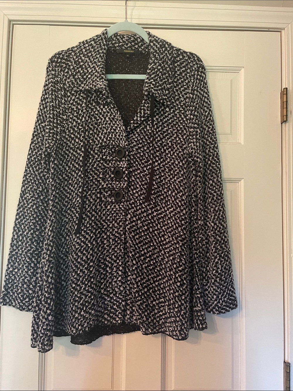 Radzoli-Black and White Poncho Knit Button-Front Style Sweater— Size M